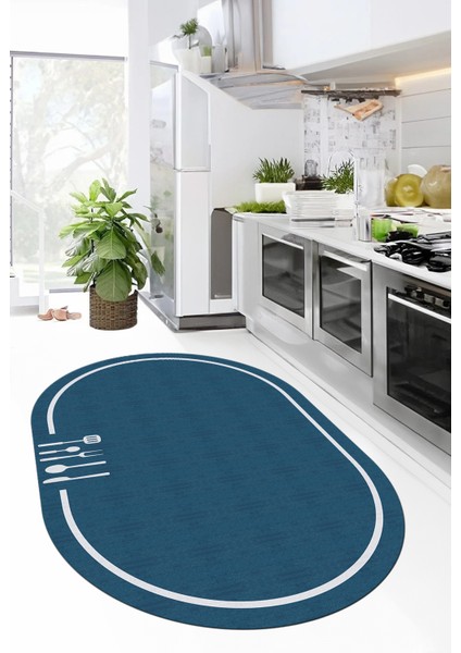Dijital Baskılı Kaymaz Yıkanabilir Sade Çerçeveli Oval Mutfak Halısı, O-Mutfak-06-Mavi,