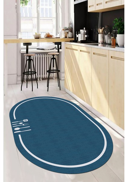 Dijital Baskılı Kaymaz Yıkanabilir Sade Çerçeveli Oval Mutfak Halısı, O-Mutfak-06-Mavi, indirimleri