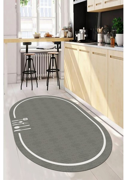 Dijital Baskılı Kaymaz Yıkanabilir Sade Çerçeveli Oval Mutfak Halısı, O-Mutfak-06-Gri, indirimleri
