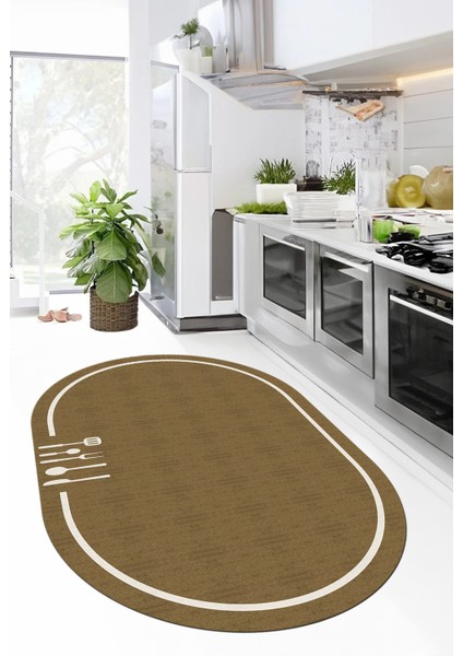 Dijital Baskılı Kaymaz Yıkanabilir Sade Çerçeveli Oval Mutfak Halısı, O-Mutfak-06-Kahve,