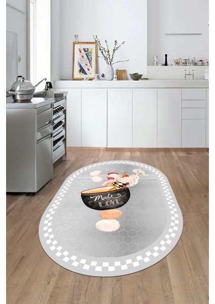 Aşçı Horoz Desenli Yıkanabilir Kaymaz Taban Oval Mutfak Halısı, O-Mutfak-08-Gri, fiyatları
