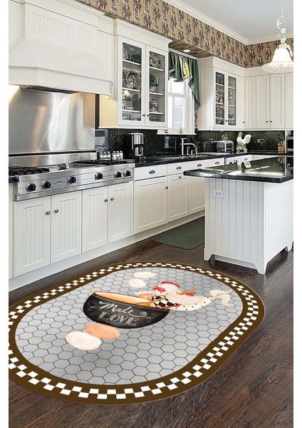 Aşçı Horoz Desenli Yıkanabilir Kaymaz Taban Oval Mutfak Halısı, O-Mutfak-08-Kahve, modelleri