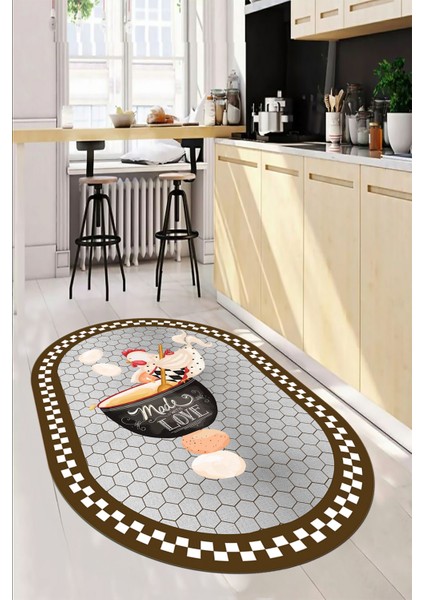 Aşçı Horoz Desenli Yıkanabilir Kaymaz Taban Oval Mutfak Halısı, O-Mutfak-08-Kahve, fırsatları