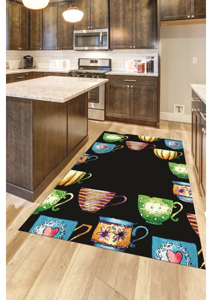 Dijital Baskılı Kaymaz Taban Renkli Fincanlar Mutfak Halısı, Mutfak-26-Siyah,