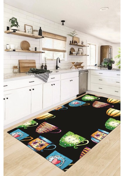 Dijital Baskılı Kaymaz Taban Renkli Fincanlar Mutfak Halısı, Mutfak-26-Siyah, fiyatları