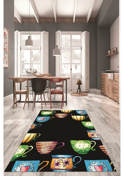 Dijital Baskılı Kaymaz Taban Renkli Fincanlar Mutfak Halısı, Mutfak-26-Siyah, modelleri