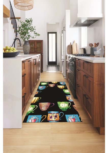 Dijital Baskılı Kaymaz Taban Renkli Fincanlar Mutfak Halısı, Mutfak-26-Siyah, fırsatları