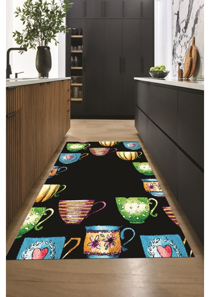 Dijital Baskılı Kaymaz Taban Renkli Fincanlar Mutfak Halısı, Mutfak-26-Siyah, indirimleri