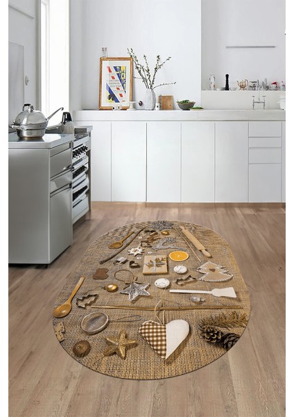 3D Dijital Baskılı Mutfak Eşyaları Motifli Yıkanabilir Oval Mutfak Halısı, O-Mutfak-16-Kahve,