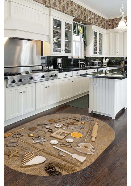 3D Dijital Baskılı Mutfak Eşyaları Motifli Yıkanabilir Oval Mutfak Halısı, O-Mutfak-16-Kahve, fiyatları