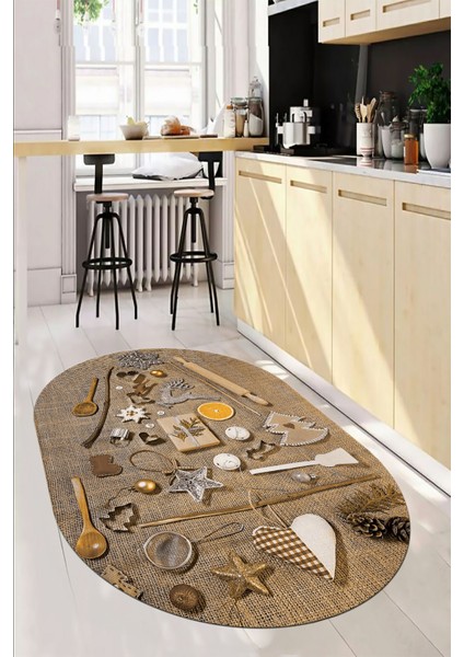 3D Dijital Baskılı Mutfak Eşyaları Motifli Yıkanabilir Oval Mutfak Halısı, O-Mutfak-16-Kahve, modelleri