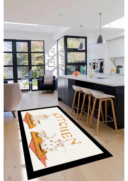 Dijital Baskılı Kaymaz Taban Kitchen Yazılı Modern Mutfak Halısı, Mutfak-18-Krem,