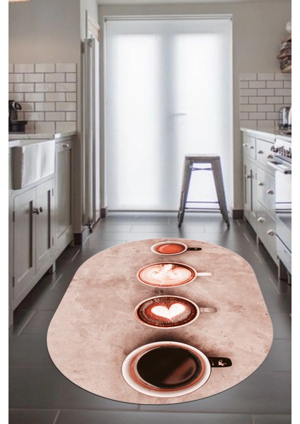 Dijital Baskılı Kaymaz Taban Kahve Fincan Desenli Oval Mutfak Halısı, O-Mutfak-22-Pembe, modelleri