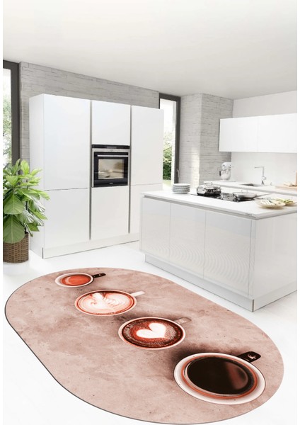 Dijital Baskılı Kaymaz Taban Kahve Fincan Desenli Oval Mutfak Halısı, O-Mutfak-22-Pembe, fırsatları