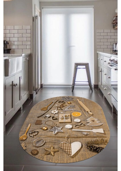 3D Dijital Baskılı Mutfak Eşyaları Motifli Yıkanabilir Oval Mutfak Halısı, O-Mutfak-16-Kahve, fırsatları
