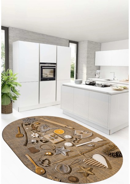 3D Dijital Baskılı Mutfak Eşyaları Motifli Yıkanabilir Oval Mutfak Halısı, O-Mutfak-16-Kahve, indirimleri