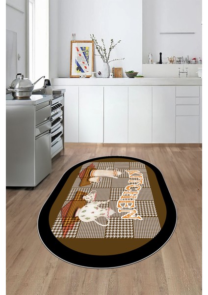 Dijital Baskılı Kaymaz Taban Kitchen Yazılı Modern Oval Mutfak Halısı, O-Mutfak-18-Kahve,