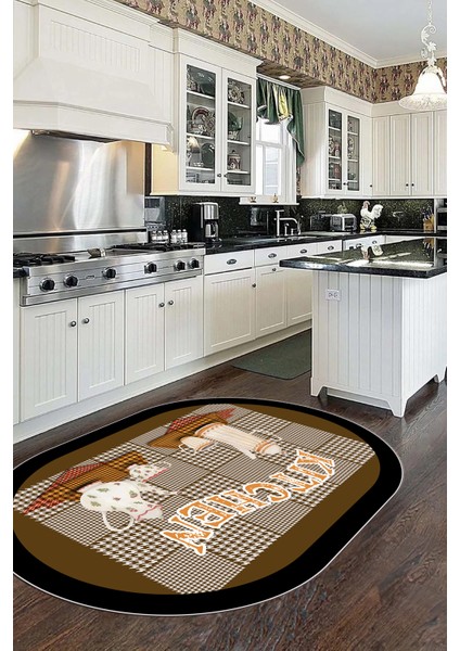 Dijital Baskılı Kaymaz Taban Kitchen Yazılı Modern Oval Mutfak Halısı, O-Mutfak-18-Kahve, fiyatları