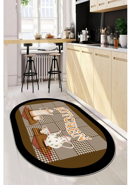 Dijital Baskılı Kaymaz Taban Kitchen Yazılı Modern Oval Mutfak Halısı, O-Mutfak-18-Kahve, modelleri