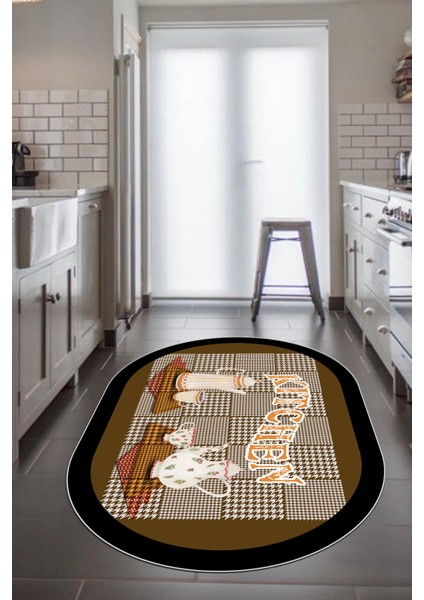 Dijital Baskılı Kaymaz Taban Kitchen Yazılı Modern Oval Mutfak Halısı, O-Mutfak-18-Kahve, fırsatları