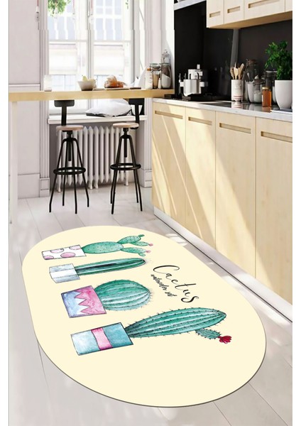 Dijital Baskılı Kaymaz Taban Kaktüs Desenli Yıkanabilir Oval Mutfak Halısı, O-Mutfak-30-Bej,