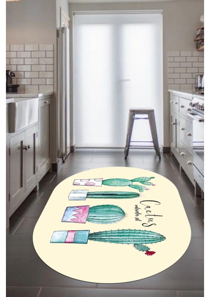 Dijital Baskılı Kaymaz Taban Kaktüs Desenli Yıkanabilir Oval Mutfak Halısı, O-Mutfak-30-Bej, fiyatları