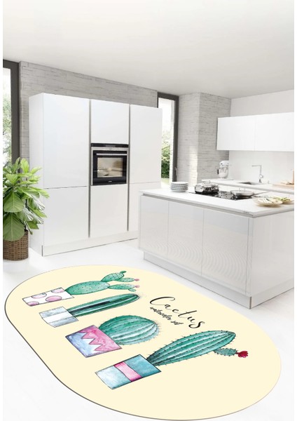 Dijital Baskılı Kaymaz Taban Kaktüs Desenli Yıkanabilir Oval Mutfak Halısı, O-Mutfak-30-Bej, modelleri
