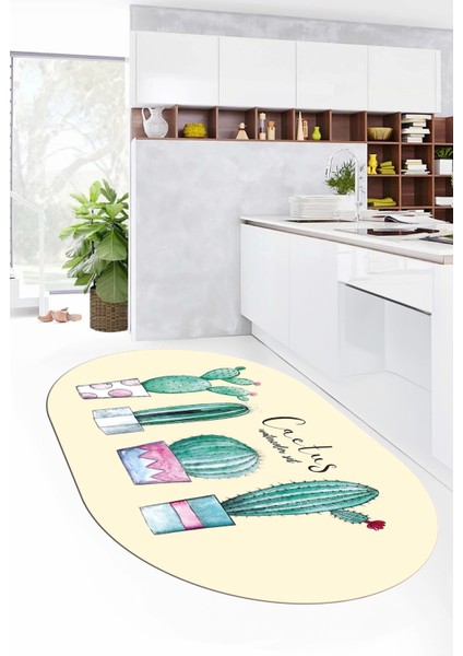 Dijital Baskılı Kaymaz Taban Kaktüs Desenli Yıkanabilir Oval Mutfak Halısı, O-Mutfak-30-Bej, fırsatları