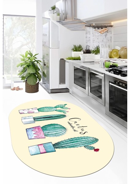Dijital Baskılı Kaymaz Taban Kaktüs Desenli Yıkanabilir Oval Mutfak Halısı, O-Mutfak-30-Bej, indirimleri