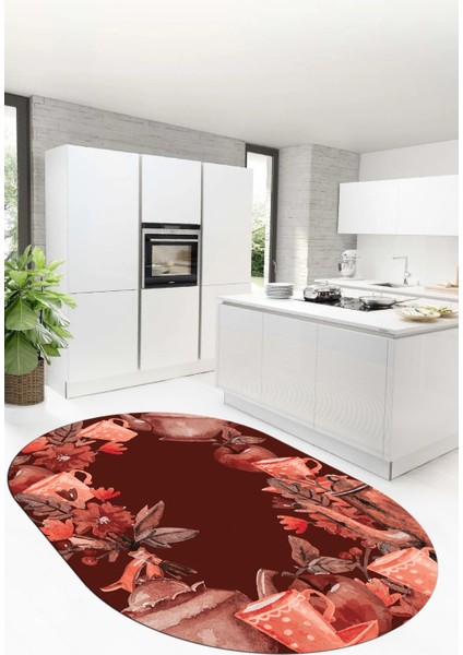 Dijital Baskılı Kaymaz Taban Renkli Fincan Motifli Oval Mutfak Halısı, O-Mutfak-25-Bordo, modelleri