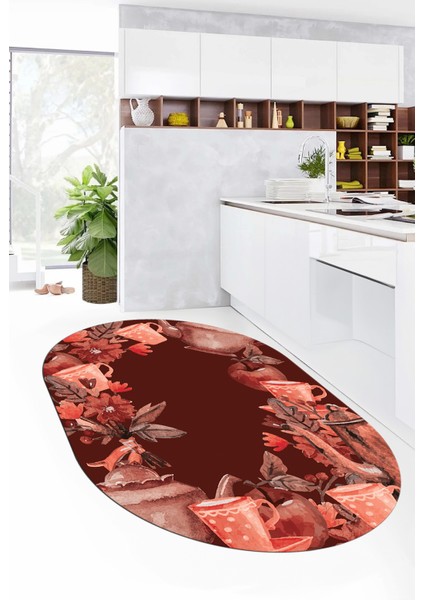 Dijital Baskılı Kaymaz Taban Renkli Fincan Motifli Oval Mutfak Halısı, O-Mutfak-25-Bordo, fırsatları