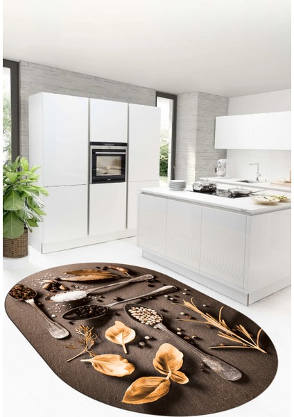 3D Dijital Baskılı Kaymaz Taban Baharat Temalı Oval Mutfak Halısı, O-Mutfak-27-Kahve,