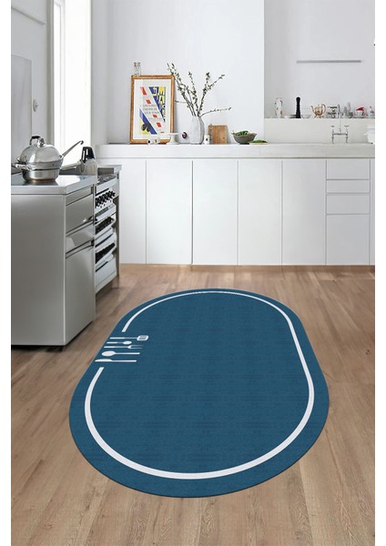 Dijital Baskılı Kaymaz Yıkanabilir Sade Çerçeveli Oval Mutfak Halısı, O-Mutfak-06-Mavi, modelleri