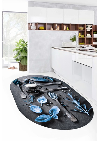 3D Dijital Baskılı Kaymaz Taban Baharat Temalı Oval Mutfak Halısı, O-Mutfak-27-Mavi,