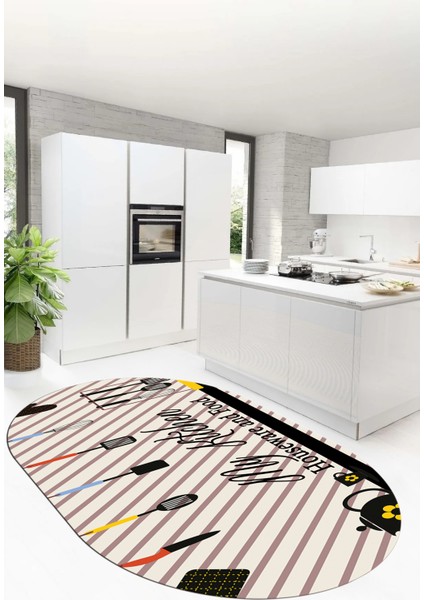Mutfak Araçları Desenli Yıkanabilir Kaymaz Oval Mutfak Halısı, O-Mutfak-32-Siyah-Gri, fiyatları