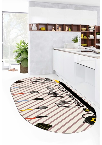 Mutfak Araçları Desenli Yıkanabilir Kaymaz Oval Mutfak Halısı, O-Mutfak-32-Siyah-Gri, modelleri