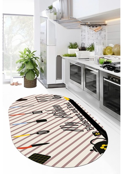 Mutfak Araçları Desenli Yıkanabilir Kaymaz Oval Mutfak Halısı, O-Mutfak-32-Siyah-Gri, fırsatları