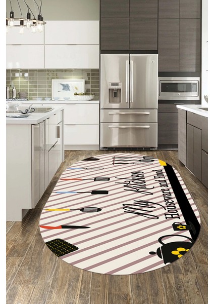 Mutfak Araçları Desenli Yıkanabilir Kaymaz Oval Mutfak Halısı, O-Mutfak-32-Siyah-Gri, indirimleri