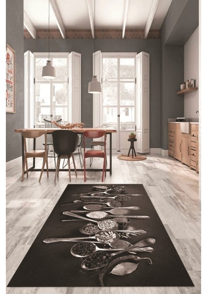 Baharat Temalı Kaymaz Taban Yıkanabilir Modern Mutfak Halısı, Mutfak-33-Vizon,