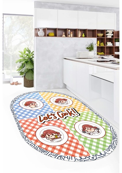 Lets Cook Yazılı Yıkanabilir Kaymaz Taban Modern Oval Mutfak Halısı, O-Mutfak-36-Renkli, modelleri
