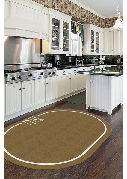 Dijital Baskılı Kaymaz Yıkanabilir Sade Çerçeveli Oval Mutfak Halısı, O-Mutfak-06-Kahve, fırsatları