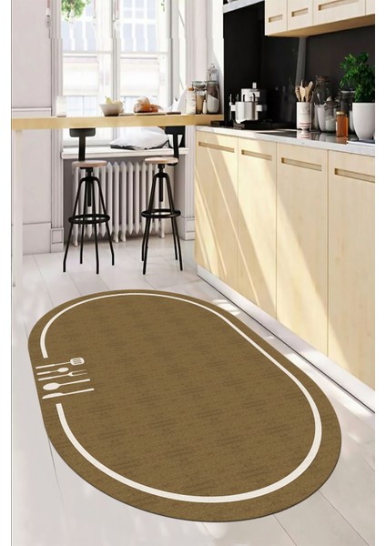 Dijital Baskılı Kaymaz Yıkanabilir Sade Çerçeveli Oval Mutfak Halısı, O-Mutfak-06-Kahve, indirimleri