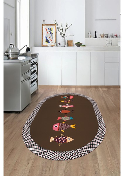 Dijital Baskılı Kaymaz Yıkanabilir Renkli Balık Desen Oval Mutfak Halısı, O-Mutfak-11-Kahve, fiyatları