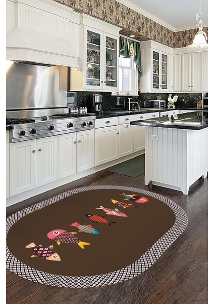 Dijital Baskılı Kaymaz Yıkanabilir Renkli Balık Desen Oval Mutfak Halısı, O-Mutfak-11-Kahve, modelleri