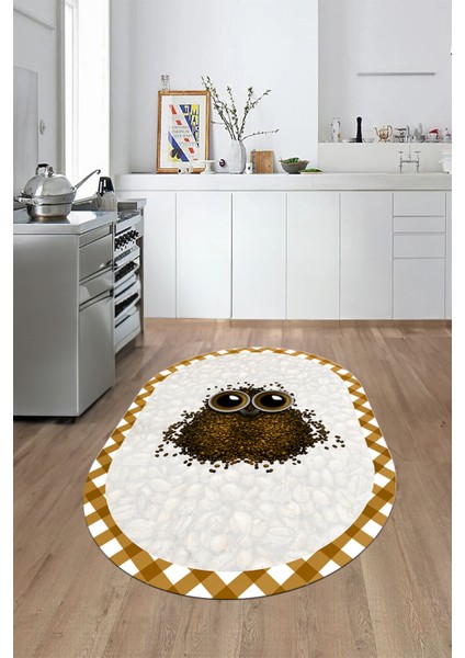 Baykuş Desenli Çerçeveli Kaymaz Yıkanabilir Şık Oval Mutfak Halısı, O-Mutfak-46-Kahve, fırsatları