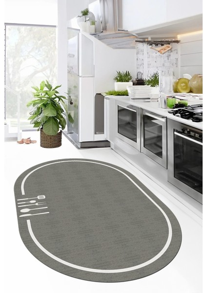 Dijital Baskılı Kaymaz Yıkanabilir Sade Çerçeveli Oval Mutfak Halısı, O-Mutfak-06-Gri,