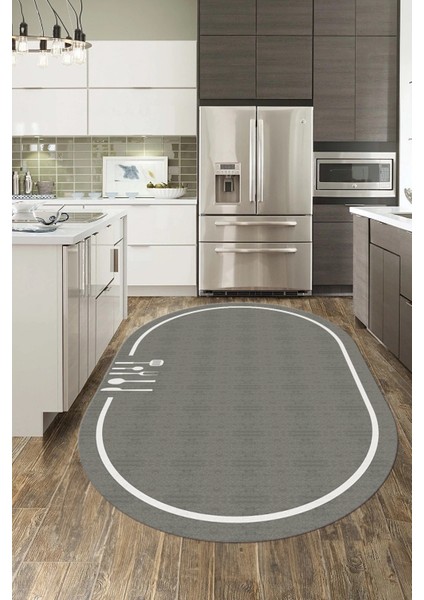 Dijital Baskılı Kaymaz Yıkanabilir Sade Çerçeveli Oval Mutfak Halısı, O-Mutfak-06-Gri, fiyatları