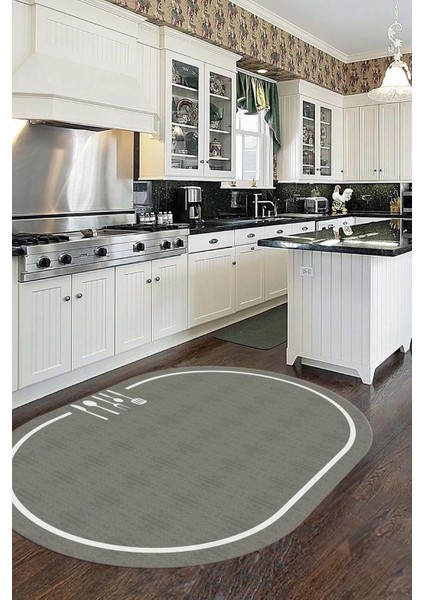 Dijital Baskılı Kaymaz Yıkanabilir Sade Çerçeveli Oval Mutfak Halısı, O-Mutfak-06-Gri, fırsatları