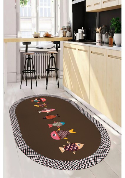 Dijital Baskılı Kaymaz Yıkanabilir Renkli Balık Desen Oval Mutfak Halısı, O-Mutfak-11-Kahve, fırsatları