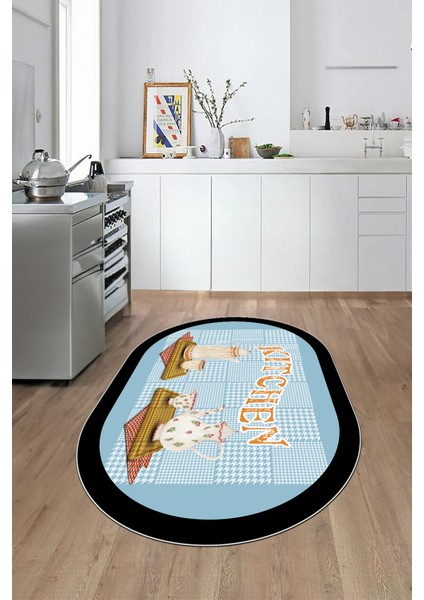 Dijital Baskılı Kaymaz Taban Kitchen Yazılı Modern Oval Mutfak Halısı, O-Mutfak-18-Mavi,